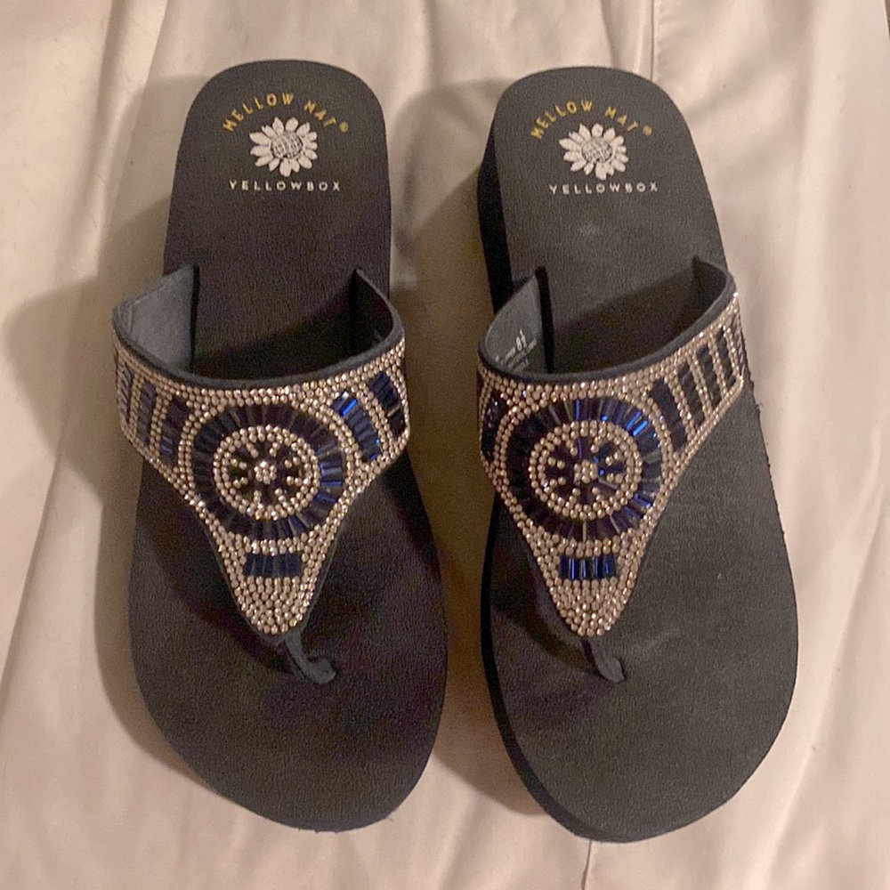 Yellow Box “mellow mat” blue & silver beaded flip flops.